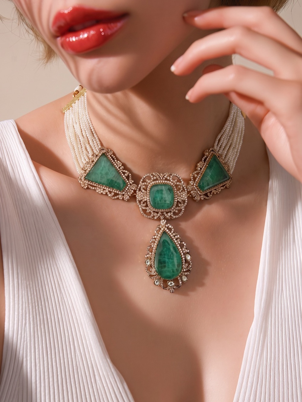 Emerald Green Multi-Row Pearl Statement Necklace set